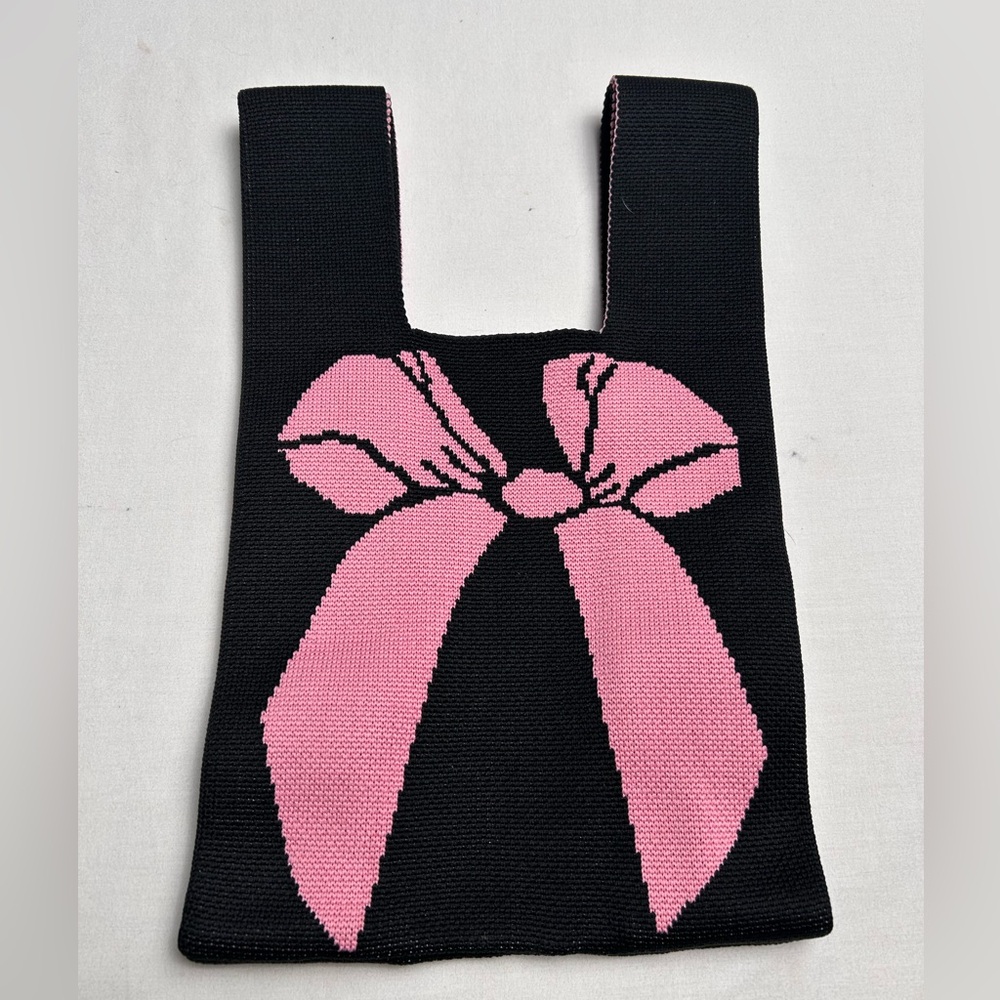 Black Knit Bag with Pink Bow Design